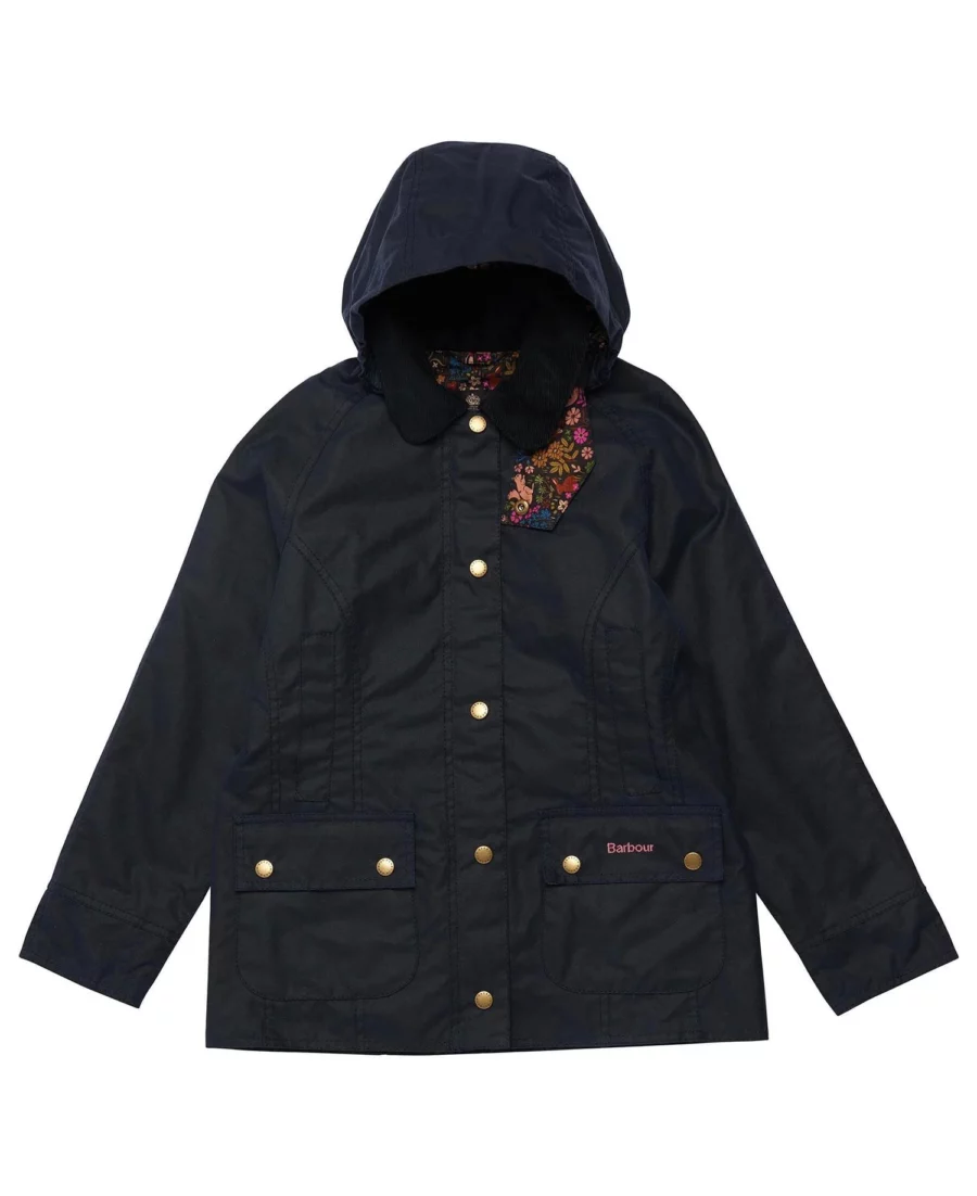 BARBOUR GIRLS HOODED BEADNELL WAX JACKET ROYAL NAVY