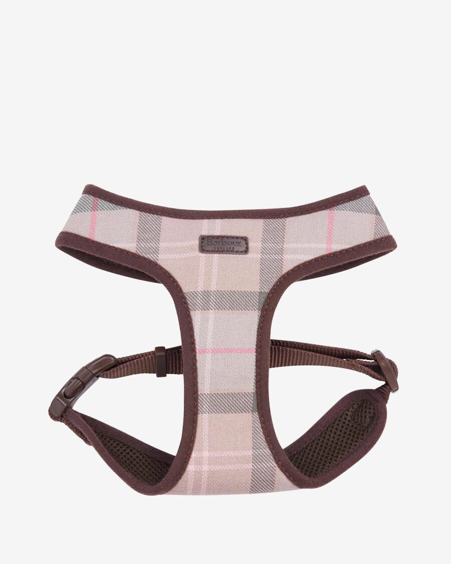 1. Barbour Tartan Dog Harness: Taupe/Pink Tartan