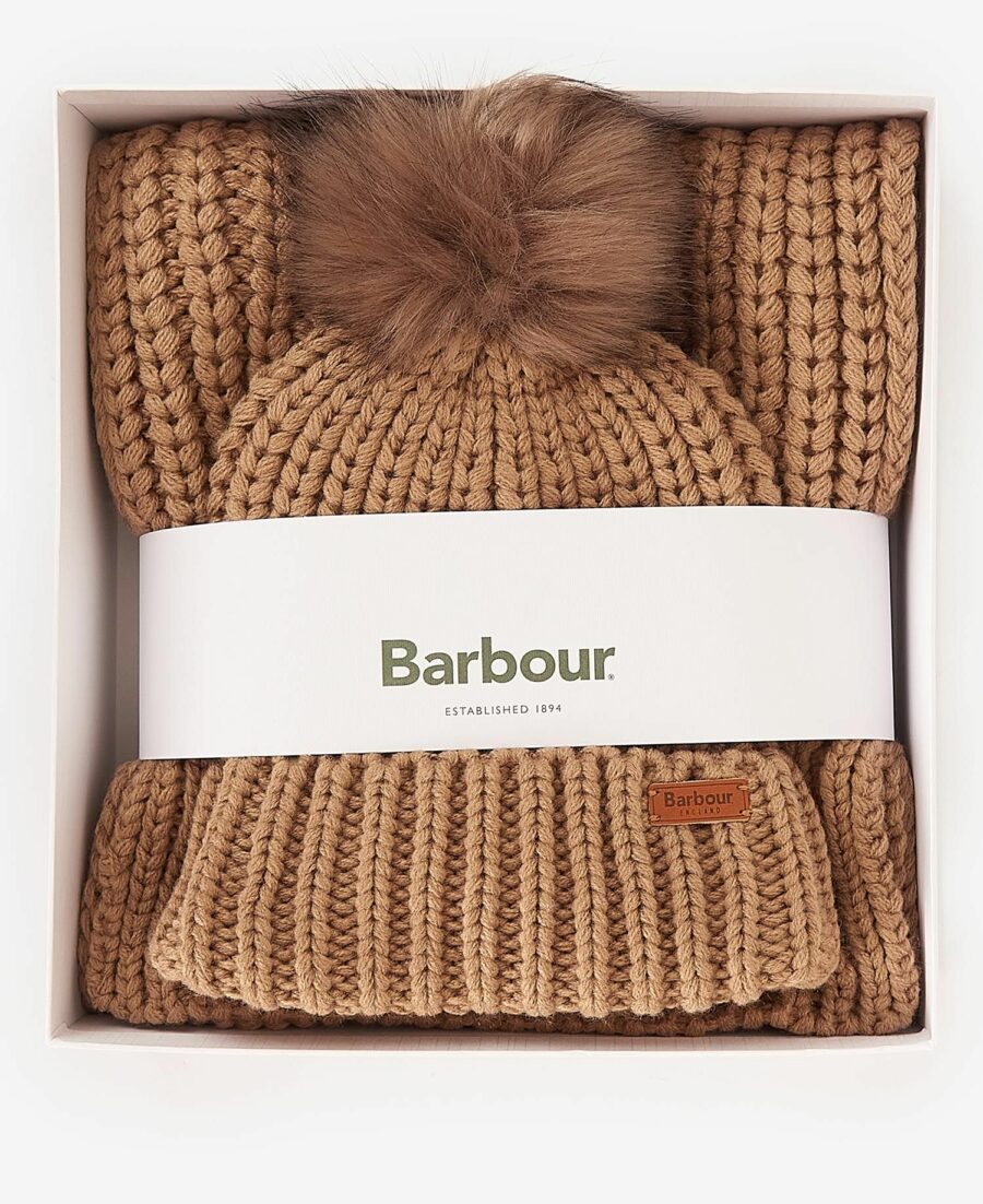 Barbour Saltburn Beanie & Scarf Gift Set-Mink